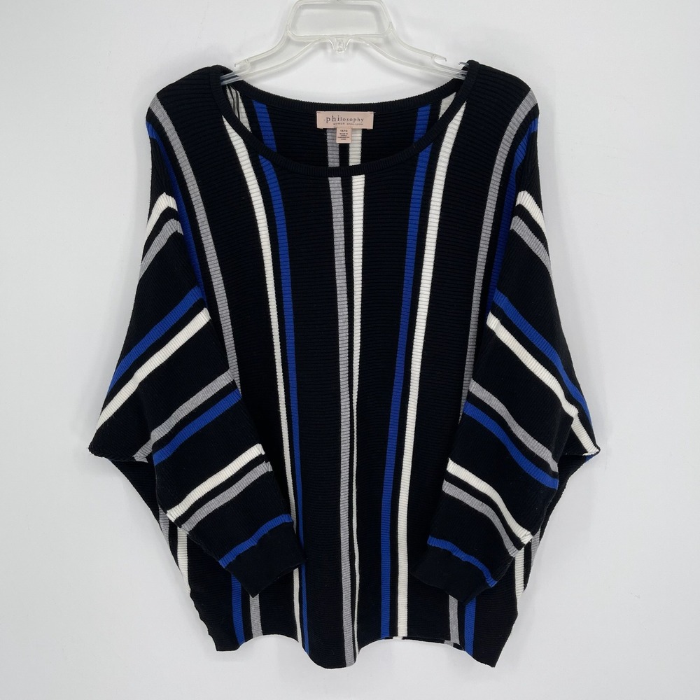 Philosophy Women's Black Striped Batwing Sleeve Scoop Neck Knit Sweater Size 1X
